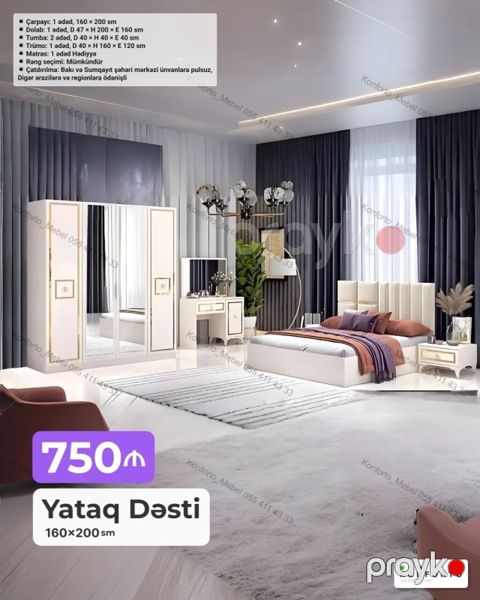 Yataq Dəsti – 160×200 sm Komplekt: - Çarpayı: 1 ədəd, 160×200 sm — Bakı