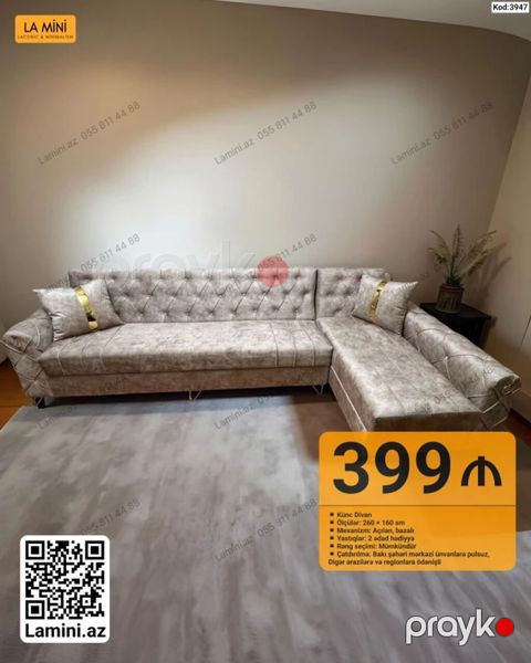Künc divan – La Mini - Ölçülər: 260 160 sm - Mexanizm: Açılan — Bakı