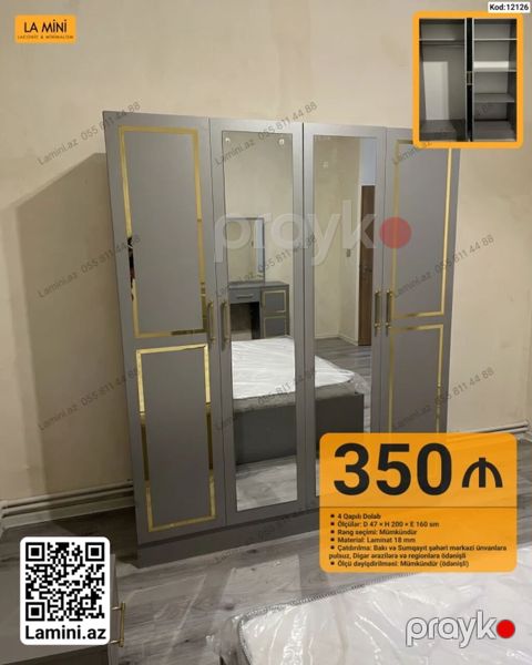 4 qapılı dolab – Kod: 12126 - Ölçülər: D 47 H 200 E 160 sm — Bakı