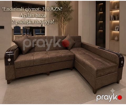 Künc divan – açılan baza ilə - L‑şəkilli künc quruluşu, rahat oturuş — Bakı