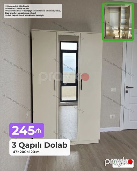 3 qapılı paltar dolabı – 47×200×120 sm - Material: 18 mm laminat — Bakı