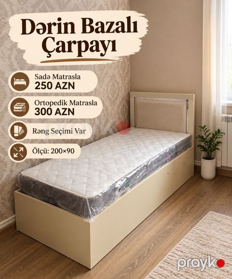 Dərin bazalı tək çarpayı - Ölçü: 200×90 sm - Rəng seçimi var - Matras — Bakı