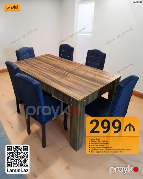 Məhsul: Masa dəsti (Kod: 3508) Təsvir: - Dəst: 1 masa + 6 stul - Masa — Bakı