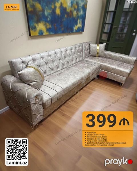 Künc divan – Kod: 4073 - Ölçülər: 260 160 sm - Mexanizm: açılan — Bakı