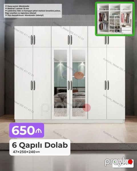 6 qapılı geyim dolabı - Ölçü: 47×250×240 sm - Material: 18 mm laminat — Bakı