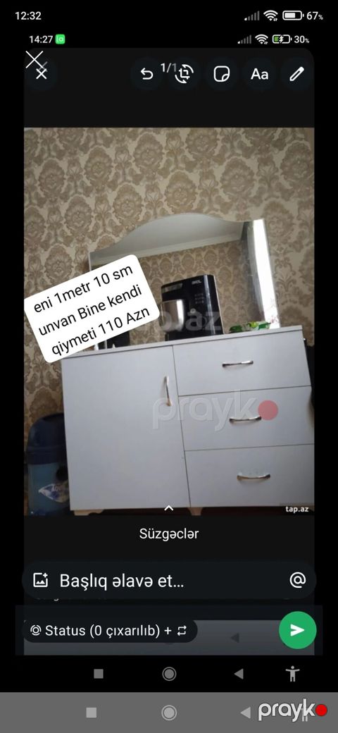 Ağ rəngli güzgülü komod/dresser - En: 1 metr 10 sm (təqr. 110 sm) — Digah