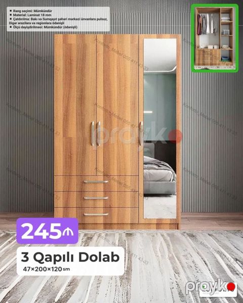 3 qapılı geyim dolabı Ölçü: 47×200×120 sm Material: 18 mm laminat — Bakı