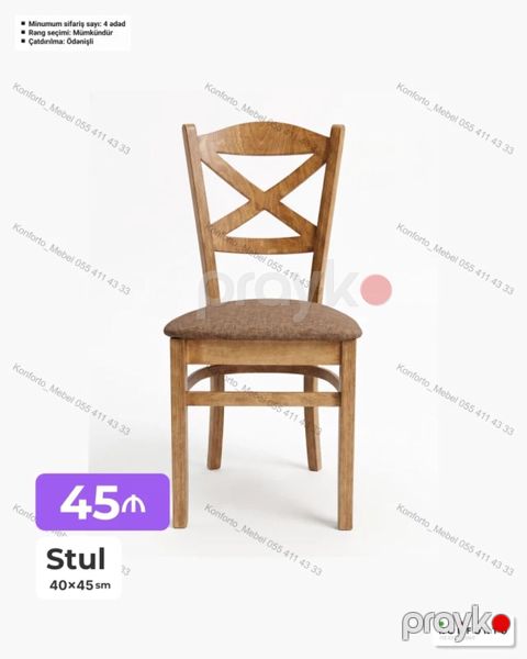 Stul – 40×45 sm - Taxta karkas, X formalı arxa dayağı - Yumşaq, parça — Bakı