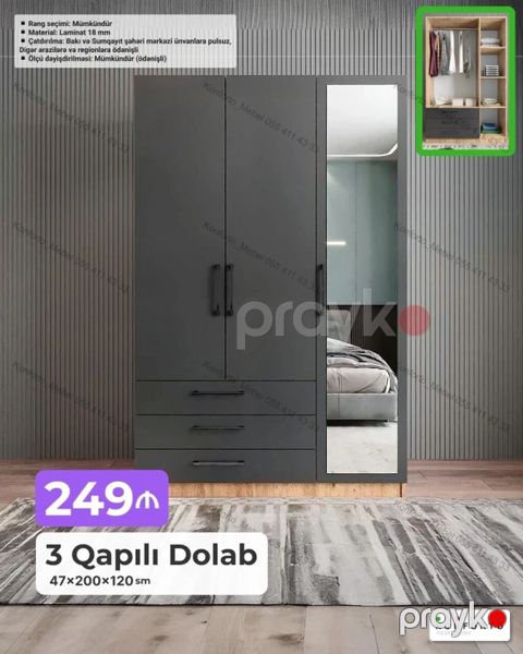 3 qapılı paltar dolabı – 47×200×120 sm - Material: 18 mm laminat — Bakı