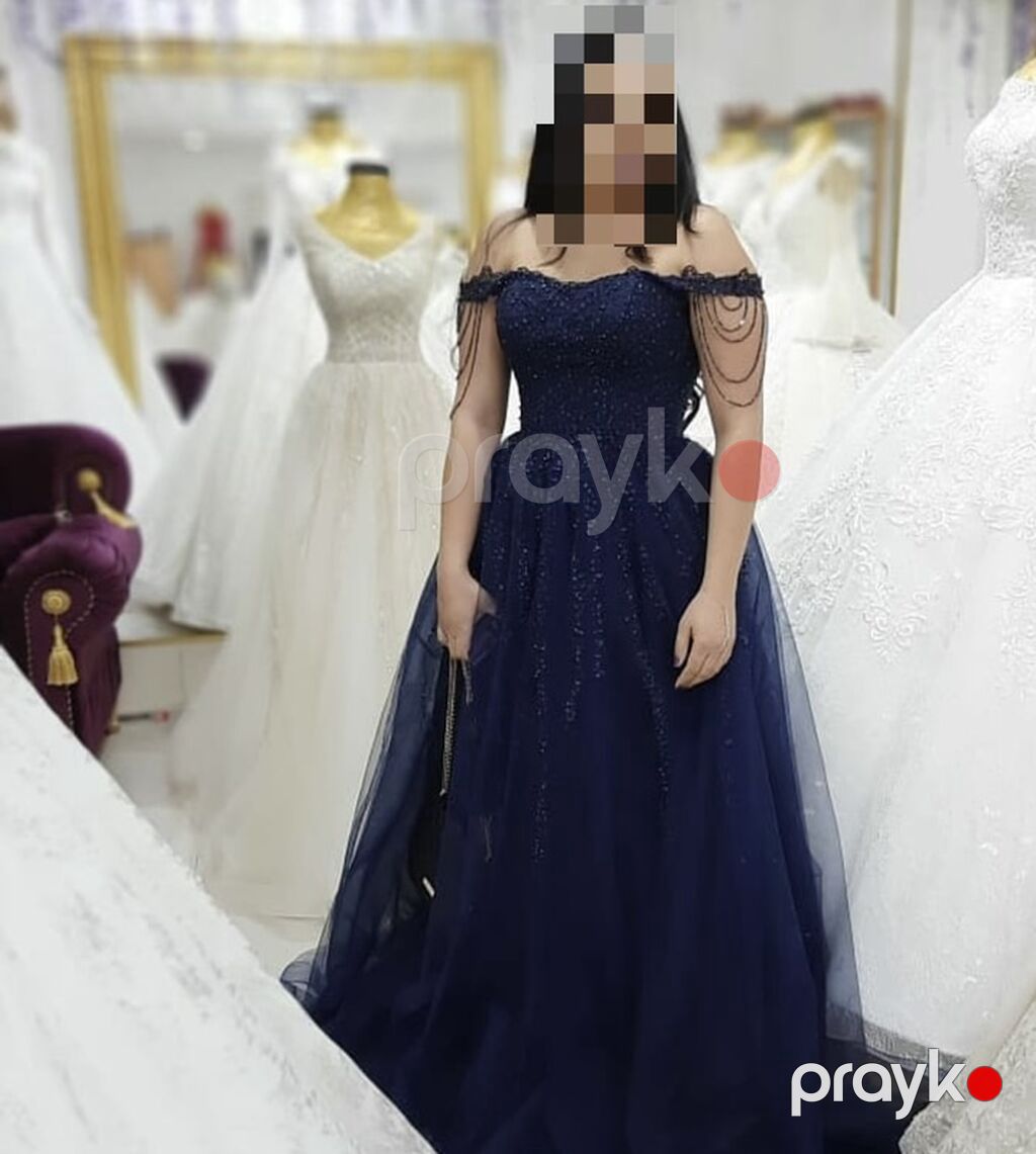 Tünd göy rəngli gecə/libas - Model: “off-shoulder” – açıq çiyinli — Axşam paltarları, Bakı (4)