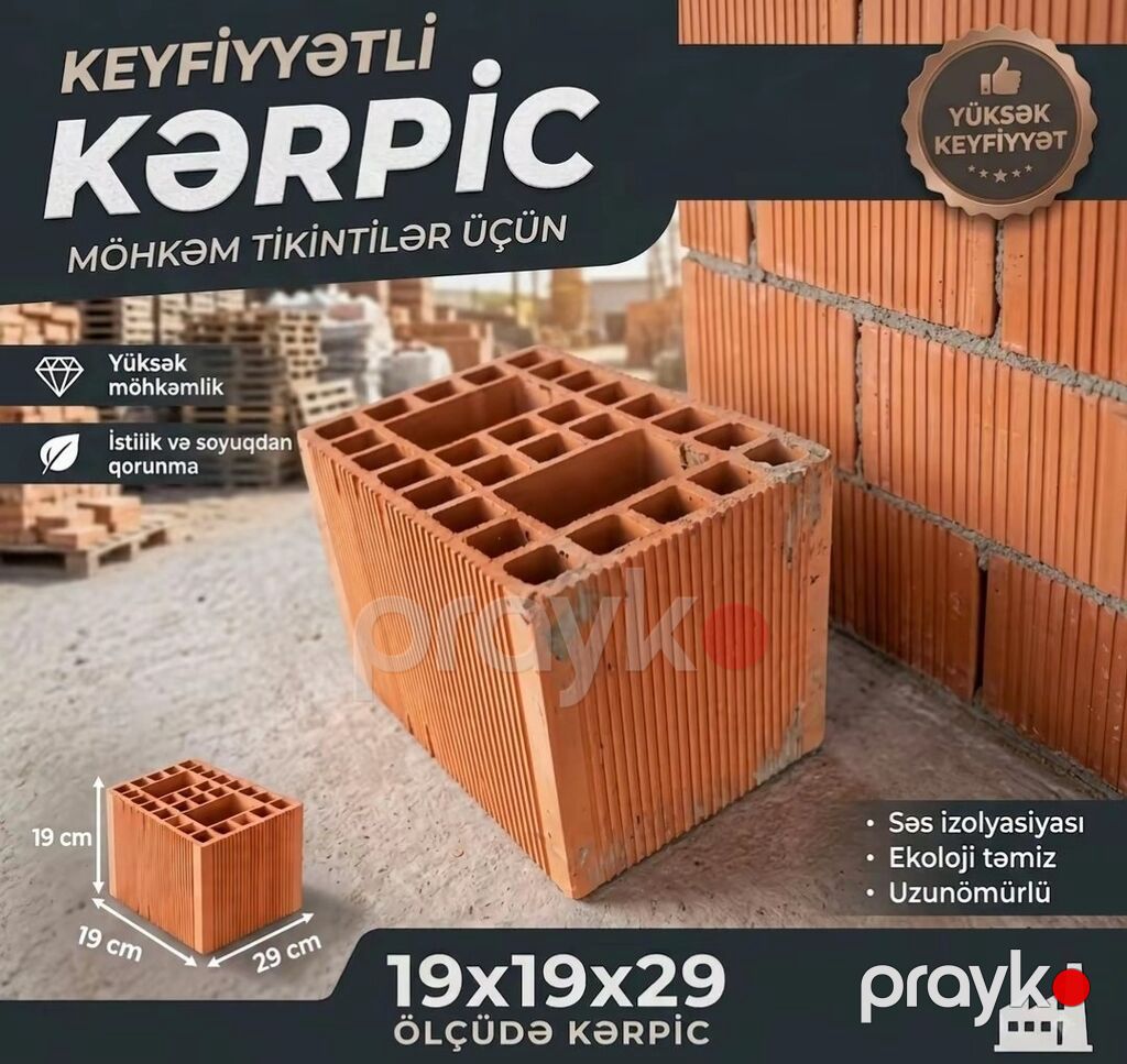 Möhkəm tikintilər üçün keyfiyyətli kerpiç - Ölçü: 19x19x29 sm — Tikinti blokları, kərpic və panellər, Ağcabədi (2)