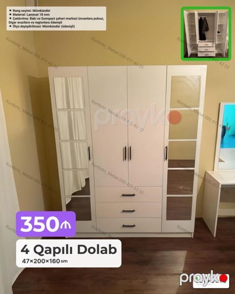 4 qapılı paltar dolabı – 47×200×160 sm - Material: 18 mm laminat — Bakı