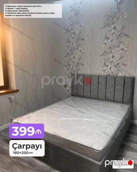 Çarpayı – 160×200 sm - Yumşaq parça üzlüklü, zolaqlı başlıq dizaynı — Bakı