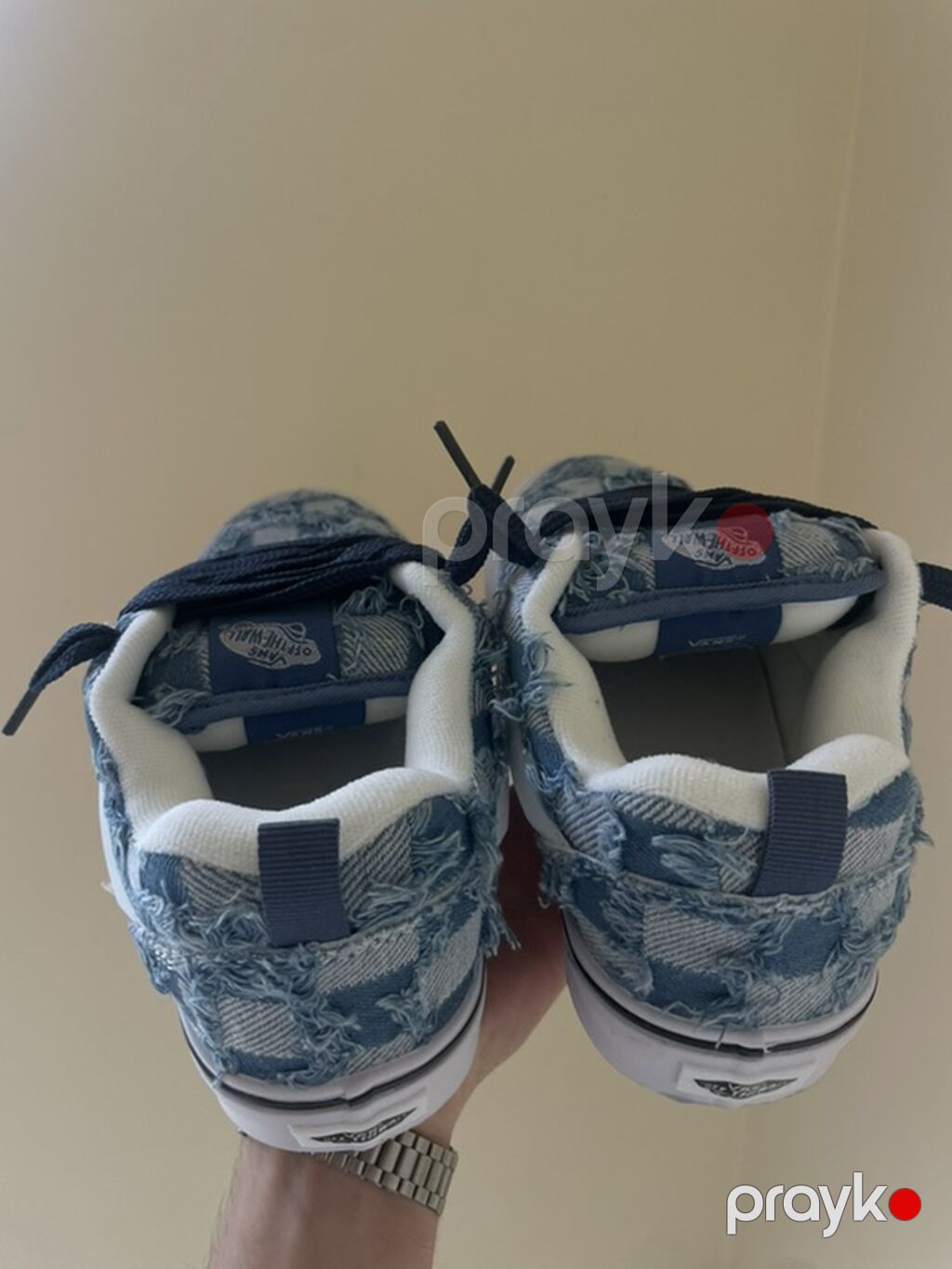 Vans Old Skool – mavi ağ dama naxışlı, “distressed” denim üstlük — Krossovkalar, Bakı (4)