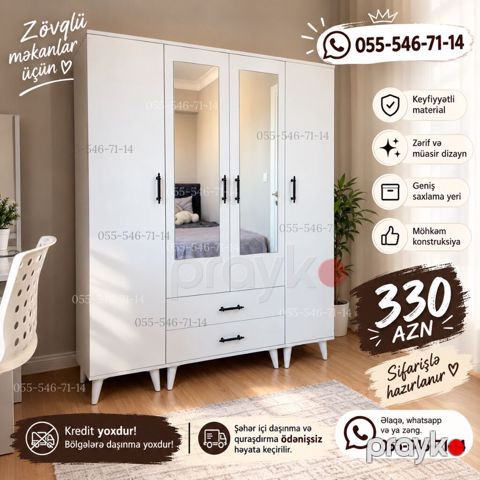 Ağ rəngdə 3 qapılı, güzgülü paltar şkafı Zövqlü, müasir dizayn — Bakı
