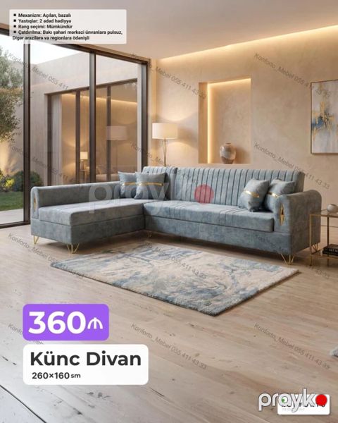 Künc divan – 260×160 sm Mexanizm: Açılan, bazalı (yataq funksiyalı — Bakı