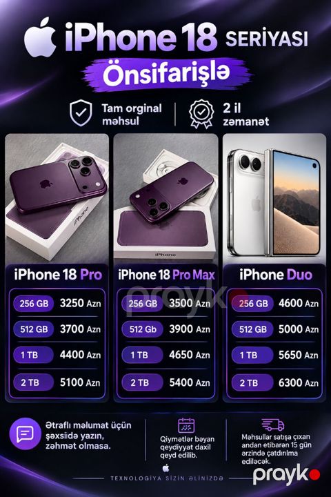 İPhone 18 seriyası Önsifarişlə Tam orginal və 2 il zəmanətli. İPhone — Bakı