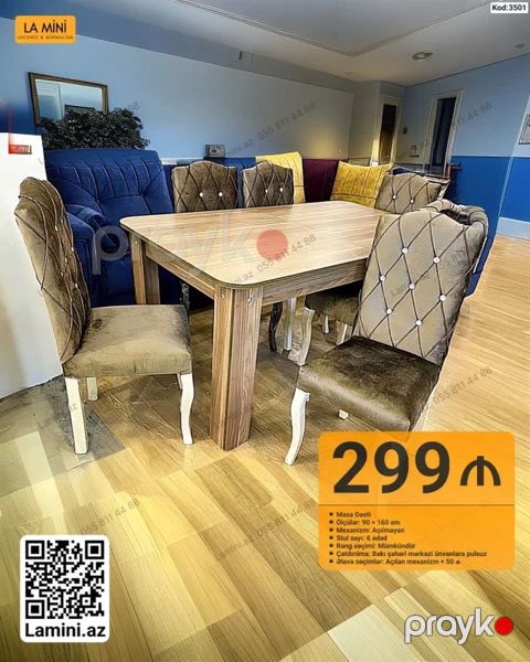 Masa Dəsti – Kod: 3501 - Komplekt: Masa + 6 ədəd stul - Ölçülər — Bakı