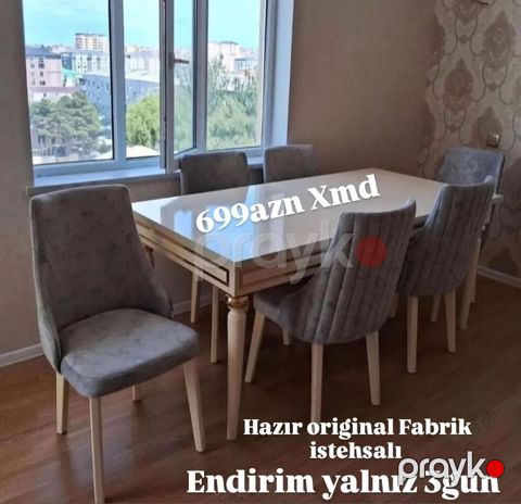 Yemək otağı dəsti – masa və 6 ədəd stul - Rəng: ağ parlaq masa üstü — Bakı