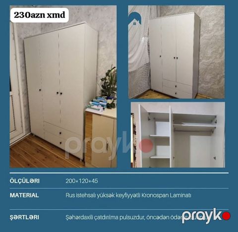 Üç qapılı dolab – 230 AZN Xüsusiyyətlər: - Ölçülər: 200 120 45 sm — Bakı