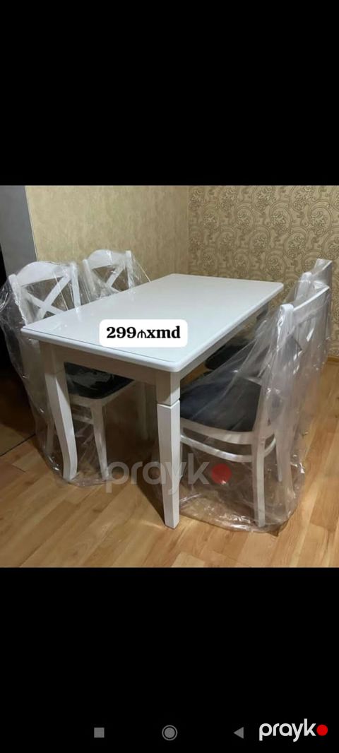 Ağ rəngdə yemək masası və 4 ədəd stul dəsti. - Stil: klassik-düz — Bakı