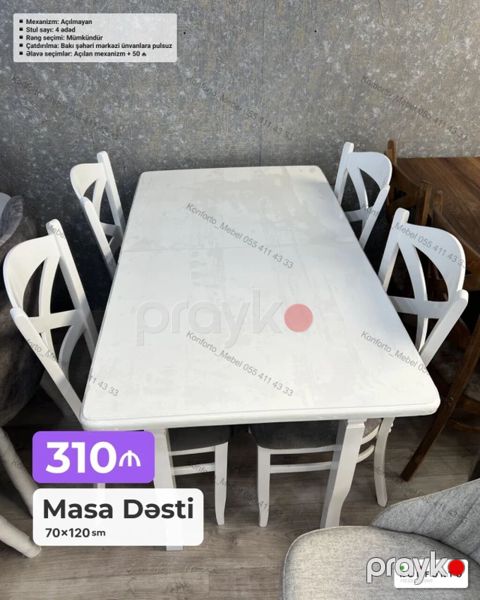 Masa Dəsti – 70×120 sm - Dəst: 1 masa + 4 stul - Mexanizm: Açılmayan — Bakı