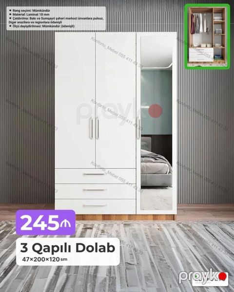 3 qapılı geyim dolabı – 47×200×120 sm - Material: 18 mm laminat — Bakı