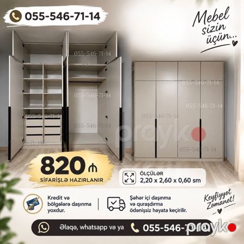 Mebel sizin üçün – 4 qapılı qarderob Ölçülər: 2,20 x 2,60 x 0,60 m — Bakı