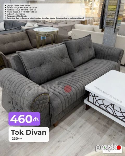 Tək divan – 230 sm - Rəng seçimi: mümkündür (parça nümunələri — Bakı