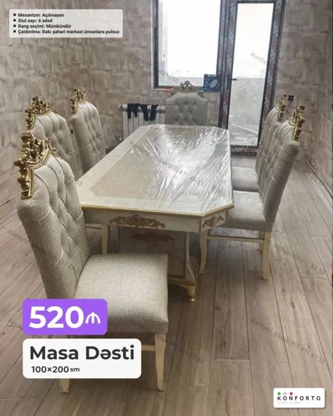 Masa dəsti – 100×200 sm - Mexanizm: Açılmayan - Stul sayı: 6 ədəd — Bakı