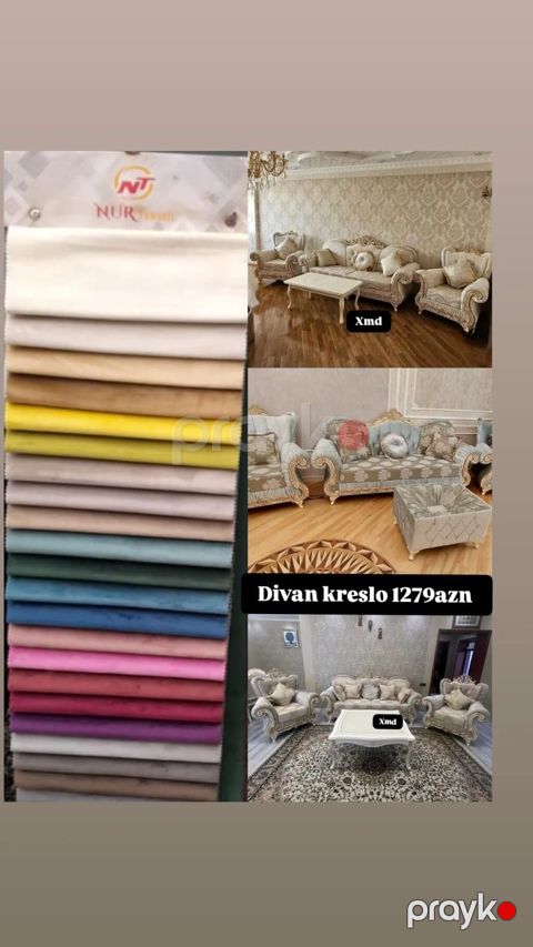 Klassik üslubda salon mebel dəsti – divan və kreslolar. Taxta karkas — Bakı
