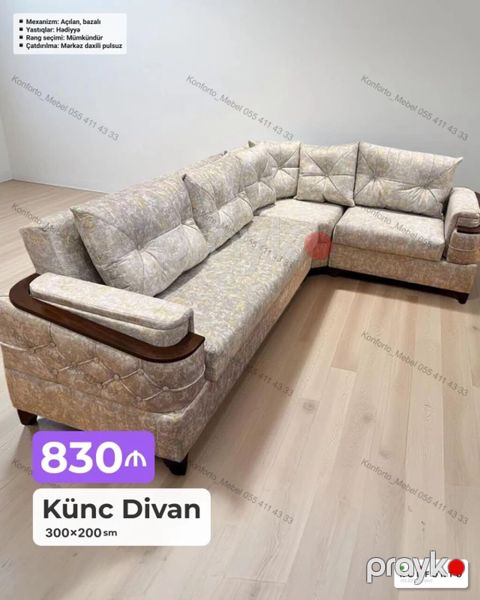 Künc Divan – 300×200 sm - Mexanizm: Açılan, bazalı (yataq funksiyası — Bakı
