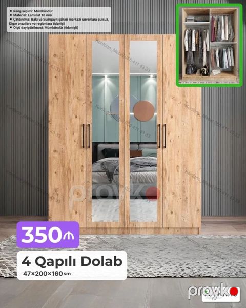 4 qapılı paltar dolabı – 47×200×160 sm - Material: 18 mm laminat — Bakı