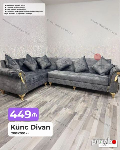 Künc divan – 280×200 sm - Açılan mexanizm, bazalı quruluş – yataq — Bakı
