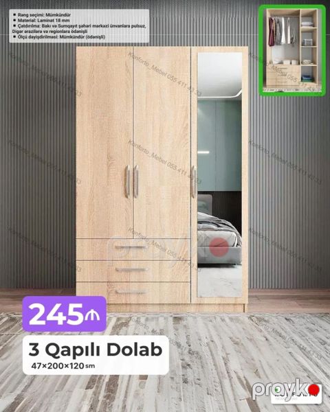 3 qapılı geyim dolabı - Ölçü: 47×200×120 sm - Material: 18 mm laminat — Bakı