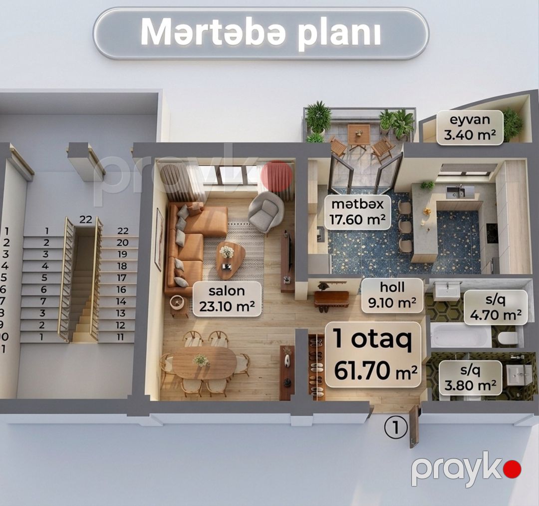 Satılır 1 otaqlı yeni tikili 61.7 m² — Mənzil, Bakı (4)