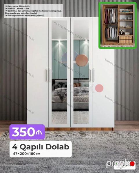 4 qapılı paltar dolabı – 47×200×160 sm - Material: 18 mm laminat — Bakı