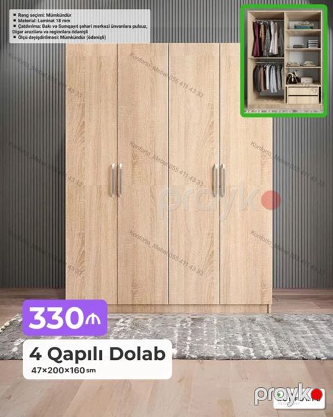 4 qapılı geyim dolabı - Ölçü: 47×200×160 sm - Material: 18 mm laminat — Bakı