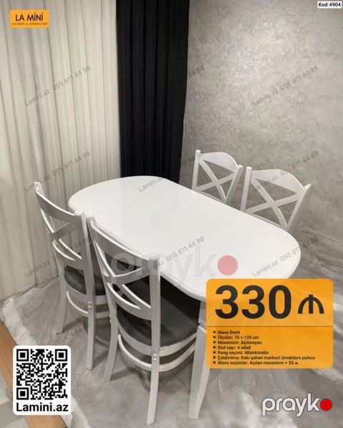 Ağ rəngdə yemək otağı masa dəsti - Masa ölçüləri: 70 120 sm — Bakı