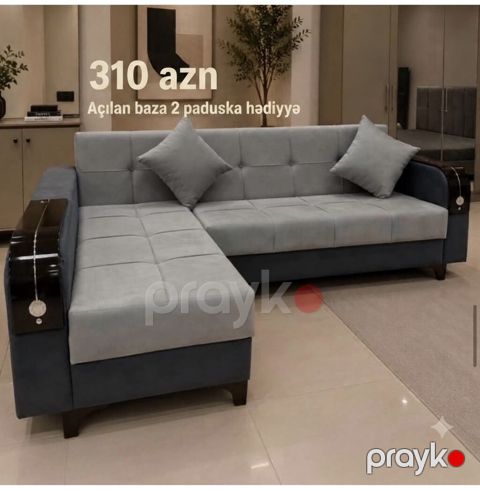 Künc divan – açılan baza ilə - Rəng: açıq boz oturacaq və kürsəklik — Bakı