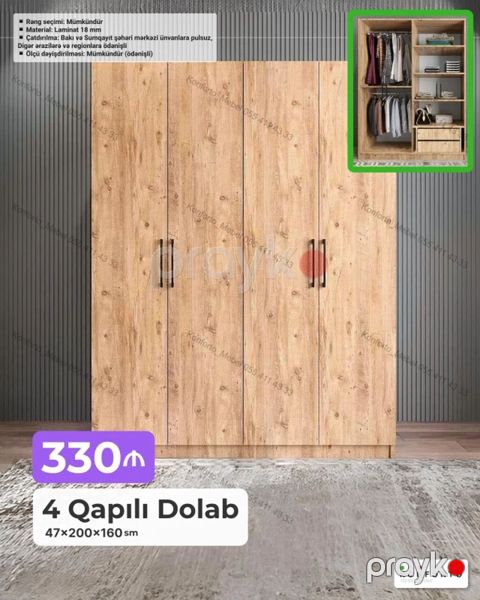 4 qapılı geyim dolabı - Ölçü: 47 200 160 sm - Material: 18 mm — Bakı