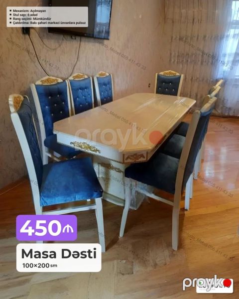 Masa dəsti – klassik üslubda yemək otağı üçün - Komplekt: 1 masa + 6 — Bakı