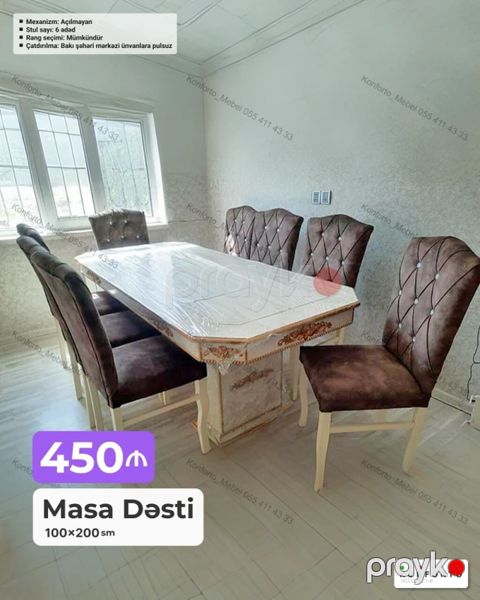 Məhsul: Masa Dəsti – 100×200 sm - Komplekt: 1 ədəd masa + 6 ədəd stul — Bakı