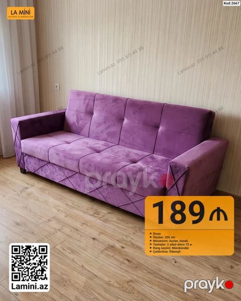Bənövşəyi rəngdə, lakonik dizaynlı divan - Ölçü: 200 sm - Mexanizm — Bakı