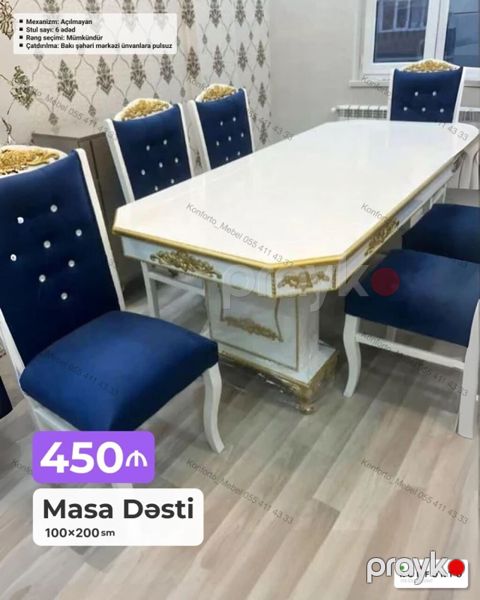 Masa Dəsti – 100×200 sm - Klassik üslubda, ağ-qızılı dekorlu iri stol — Bakı