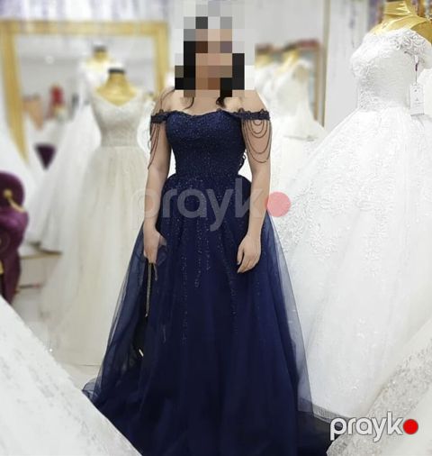 Tünd göy rəngli gecə/libas - Model: “off-shoulder” – açıq çiyinli — Bakı