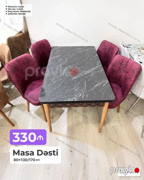Masa dəsti – 4 stul + açılan masa - Ölçü: 80×130/170 sm (açılan — Bakı