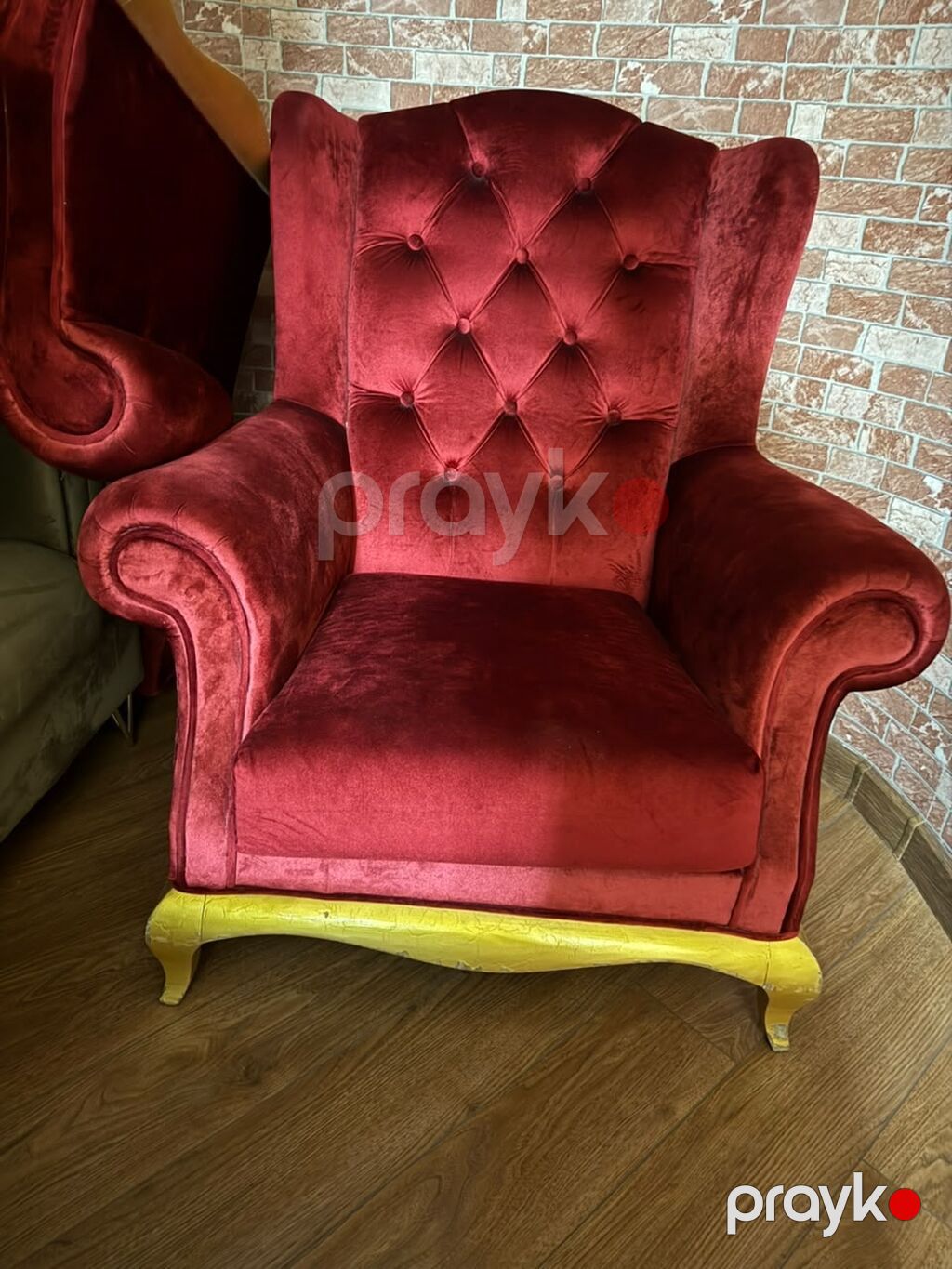 Qırmızı velür kreslo – klassik “wingback” dizayn - Material: Yumşaq — Kreslolar, Xırdalan (2)