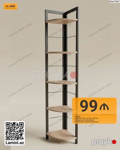 Künc Stellaj - Model kodu: 10551 - Material: qara metal karkas + ağac — Bakı
