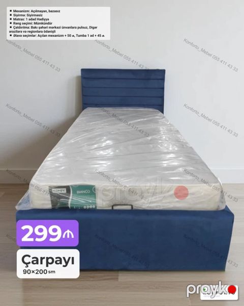 Məhsul: Tək nəfərlik çarpayı + hədiyyə matras Ölçü: 90 200 sm — Bakı